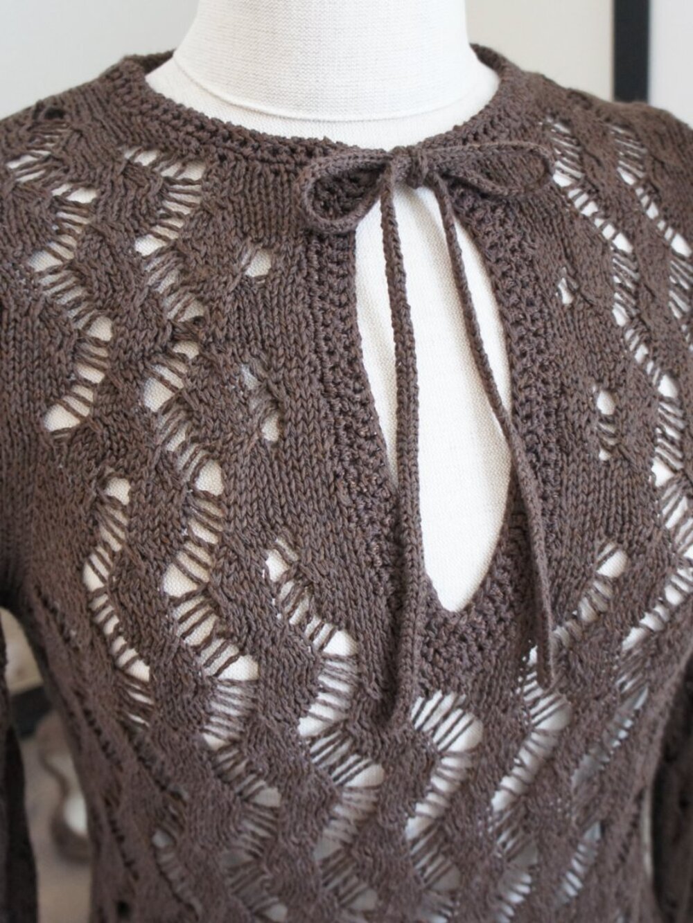 Ann Taylor Loft Brown Open Knit Keyhole Pullover Tie Top Size Small